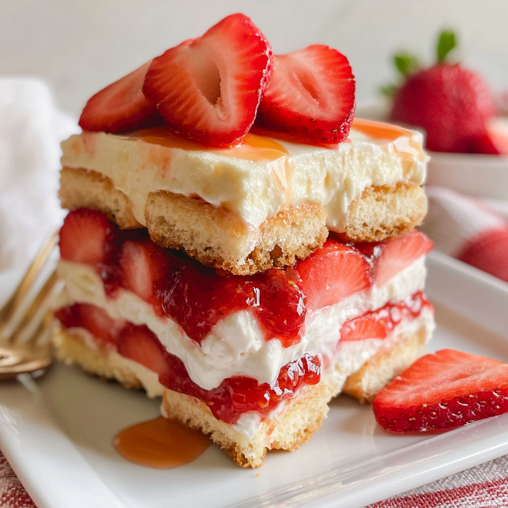 A stack of strawberry shortcake slices with whipped cream and strawberries on top.