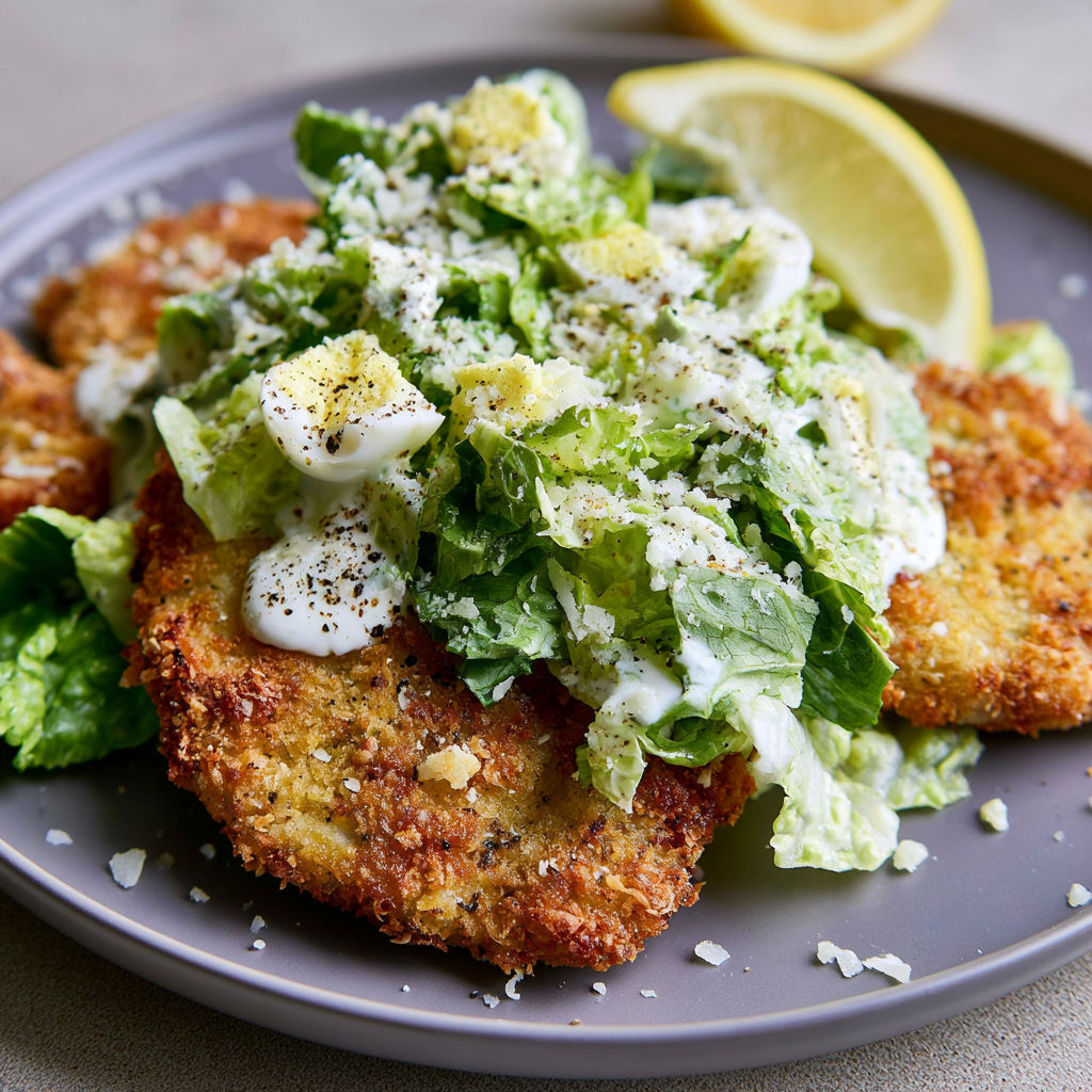 A plate of Caesar Salad Chicken Cutlets with a lemon wedge on the side.