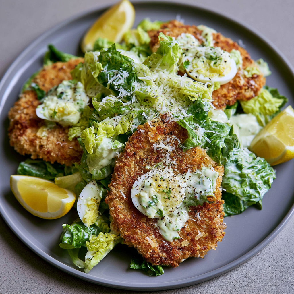 A plate of chicken and vegetables with a lemon wedge on the side.