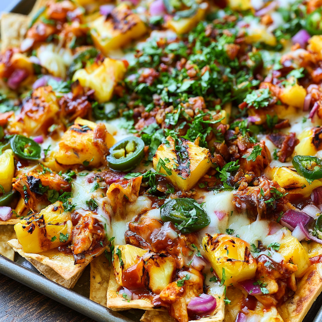 A delicious pizza with various toppings, including pineapple, onions, and peppers, is ready to be served.