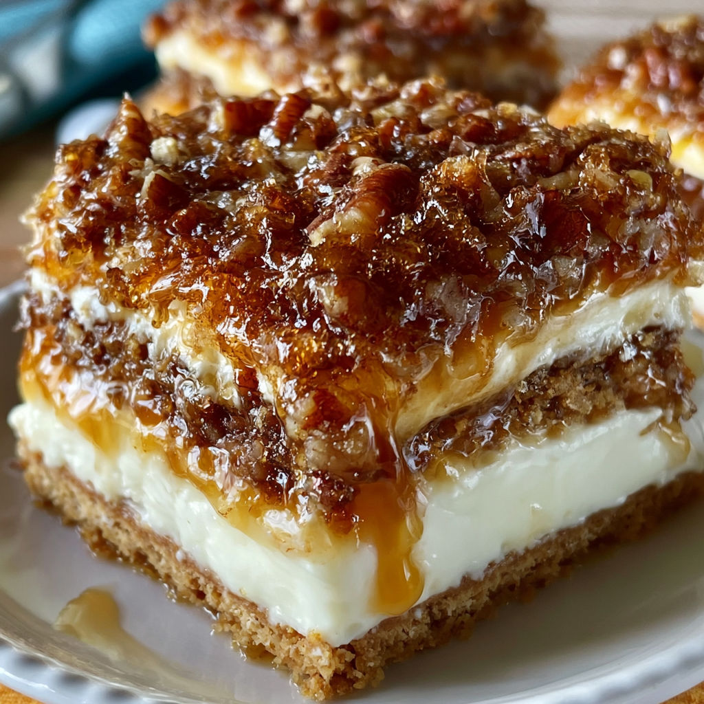 A slice of Pecan Pie Lasagna Delight is served on a white plate.