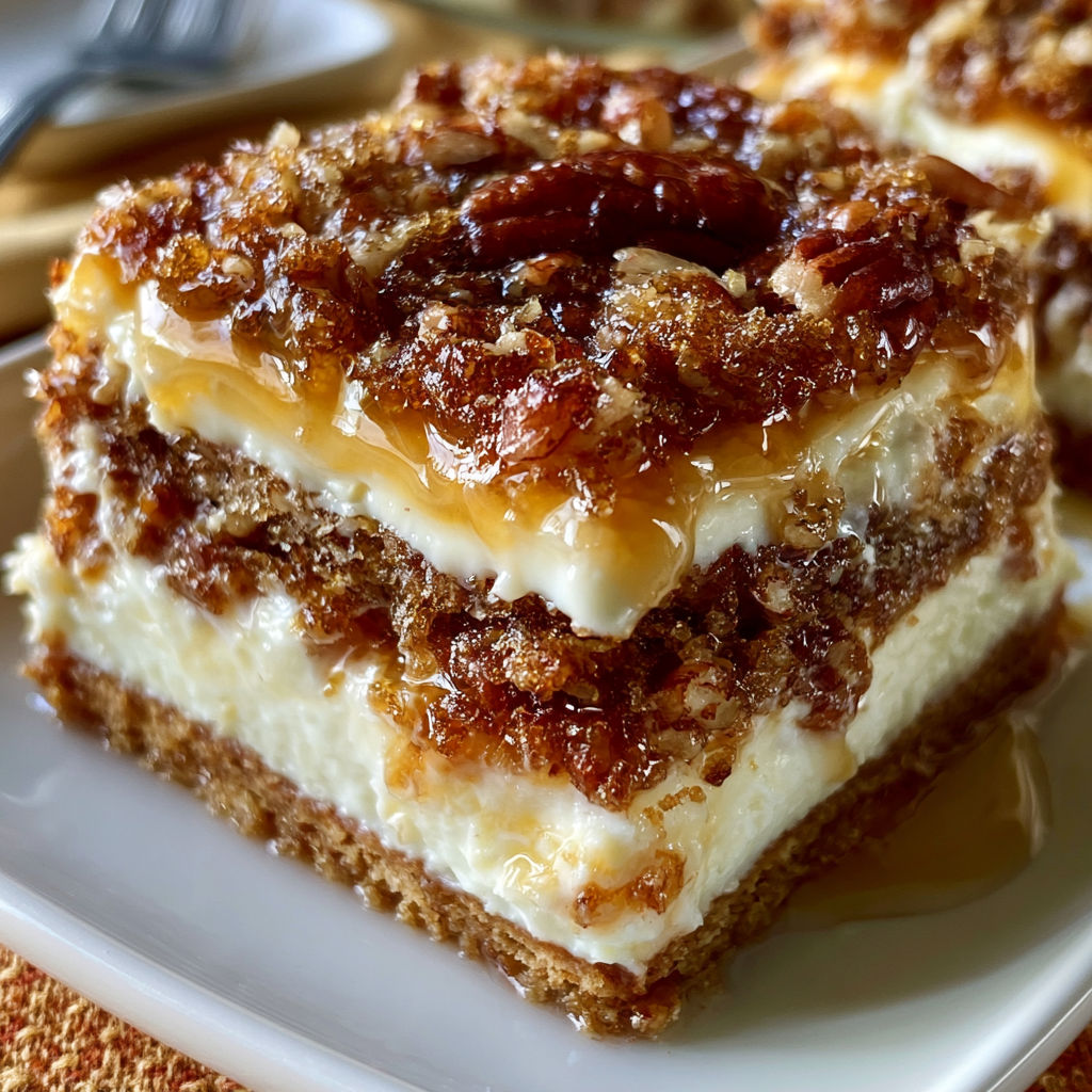 A slice of pecan pie with caramel drizzle on a white plate.