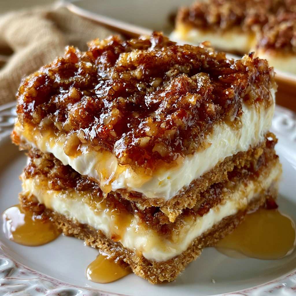 A stack of three cheesecake bars with caramel drizzle on top.