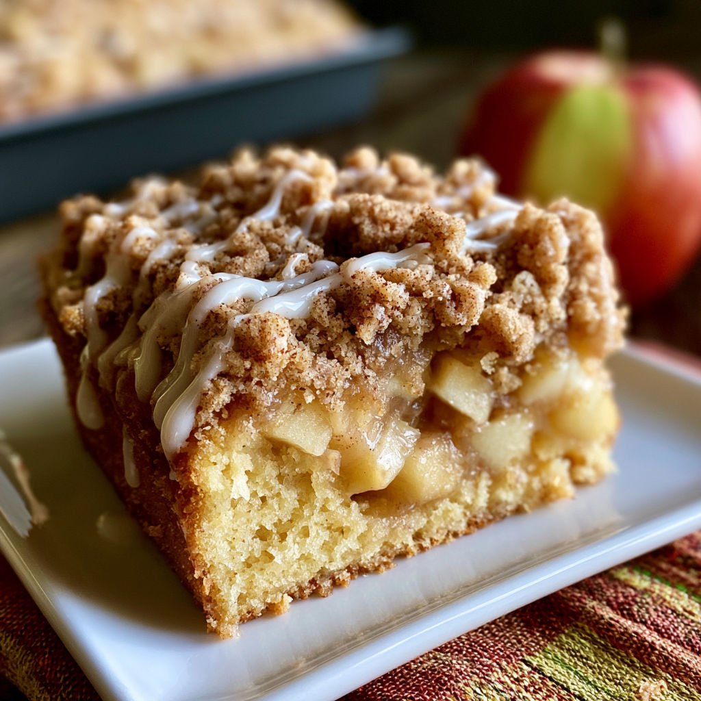 A slice of cinnamon apple crumble cake on a white plate.