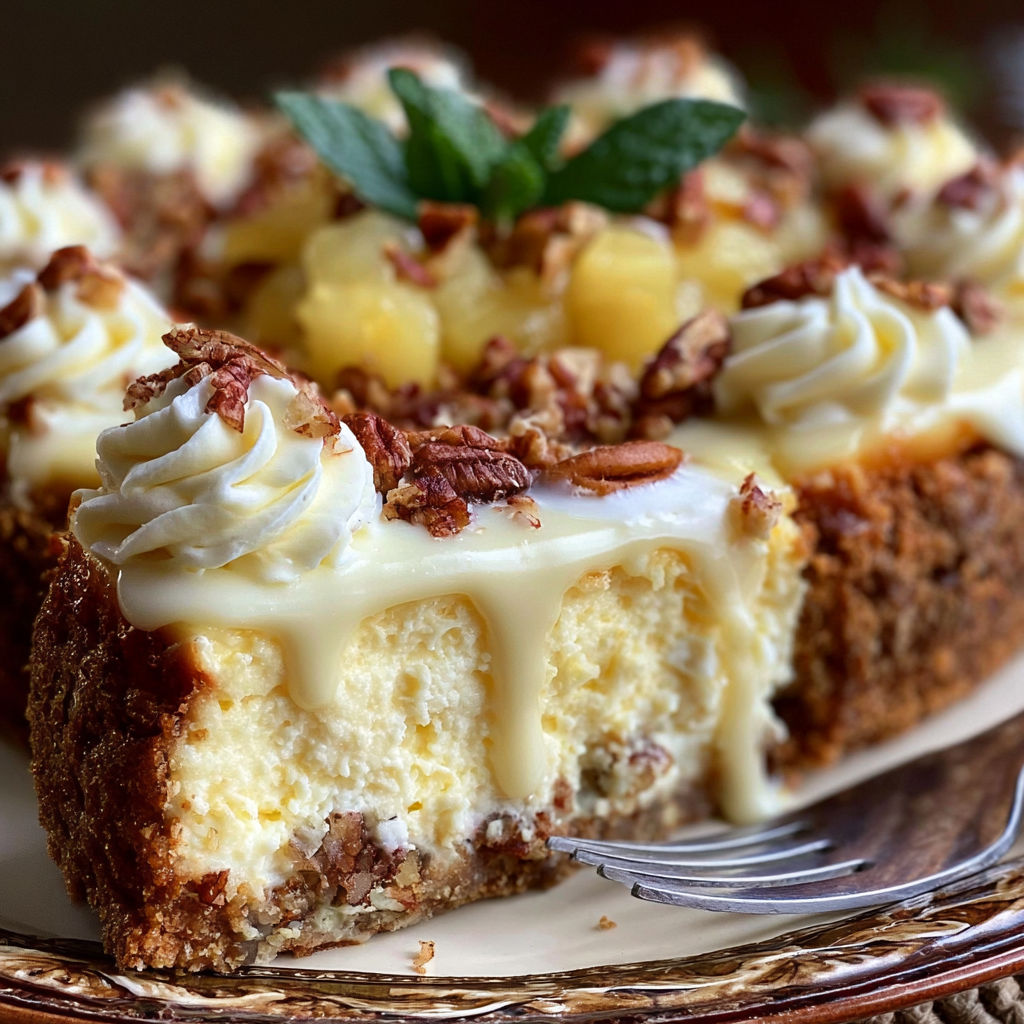 A slice of cheesecake with a pineapple topping on a plate.