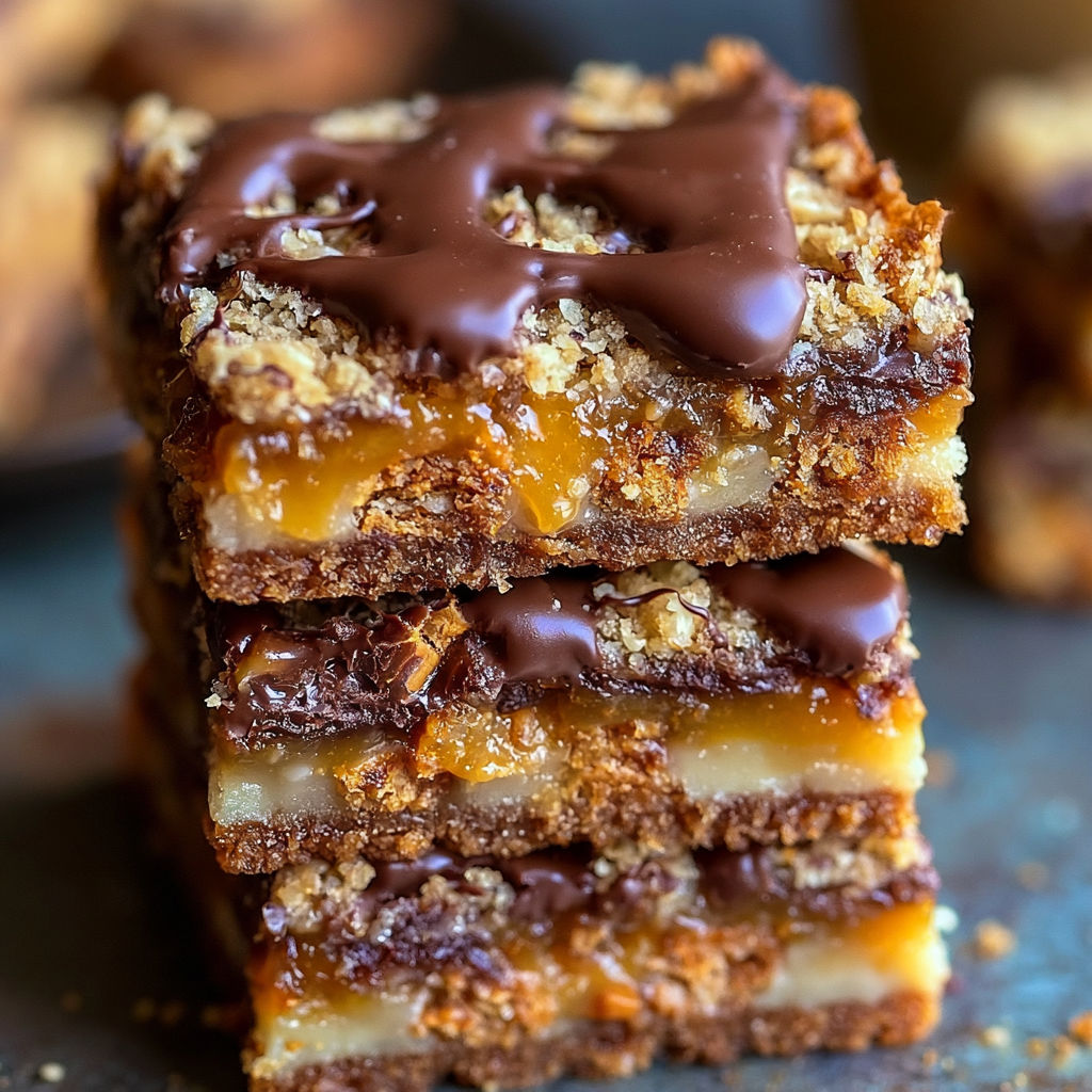 A delicious dessert made with Butterfinger candy and caramel, stacked on a table.
