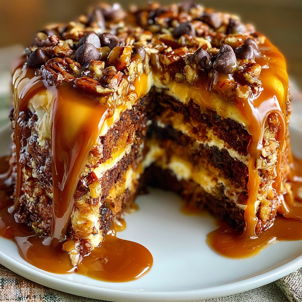A slice of Turtle Caramel Cake with caramel drizzle on a white plate.