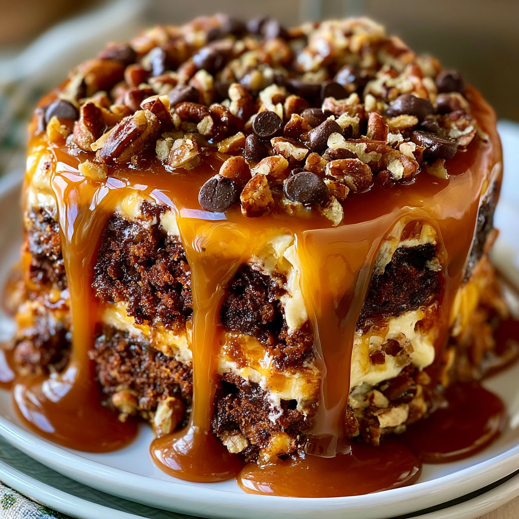 A delicious dessert with caramel sauce and nuts on top.