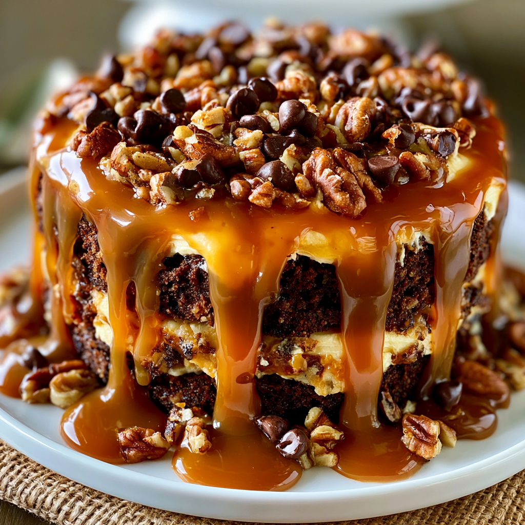 A delicious chocolate cake with caramel sauce drizzled on top.