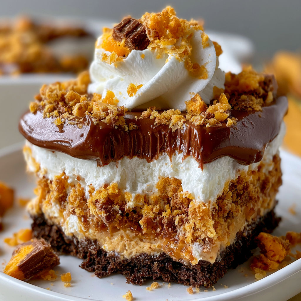 A slice of Butterfinger Lush cake with a dollop of whipped cream on top.