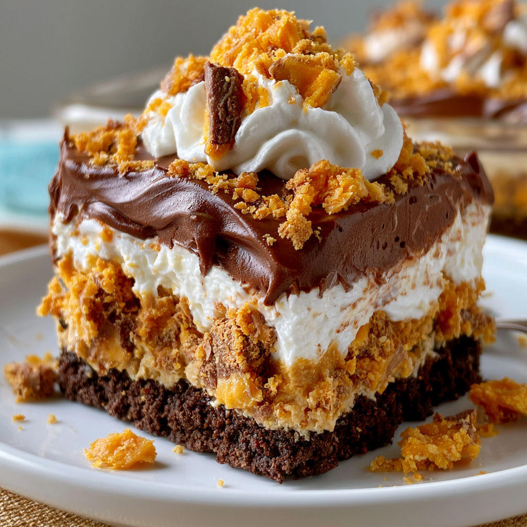A slice of chocolate cake with white icing and orange candy toppings.