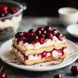 A slice of cake with cherries on top is displayed on a plate.