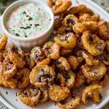 A bowl of mushrooms with a dipping sauce.