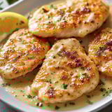 A plate of chicken with lemon wedges on top.
