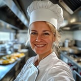 A woman in a chef's hat smiles for the camera.