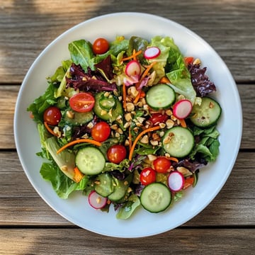 a white plate on a rustic wooden table, fully filled with a colorful and crisp salad