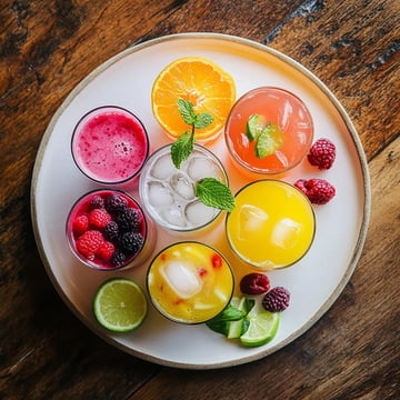 a rustic wooden table, styled as a vibrant drink platter. The plate features a selection of chilled beverages