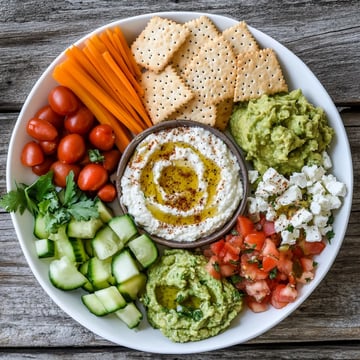 a plate includes guacamole, salsa, garlic hummus, and feta cheese spread