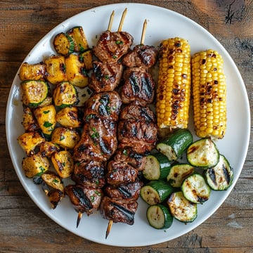 The plate includes a grilled steak, chicken skewers with vegetables, corn on the cob, and zucchini slices