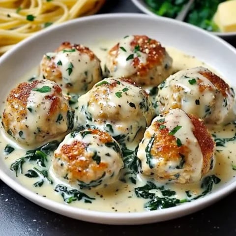 Chicken Ricotta Meatballs with Spinach Alfredo Sauce