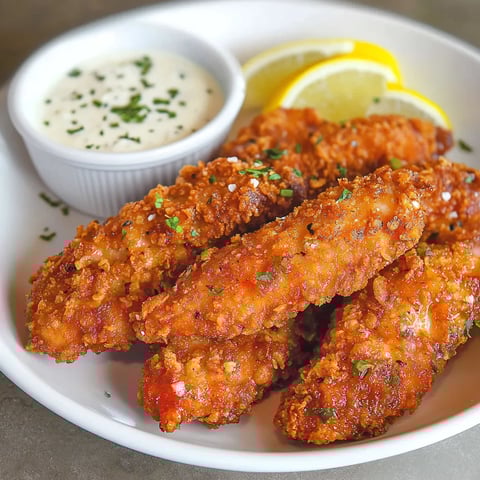 A plate of fried chicken with a bowl of dipping sauce and a lemon wedge.