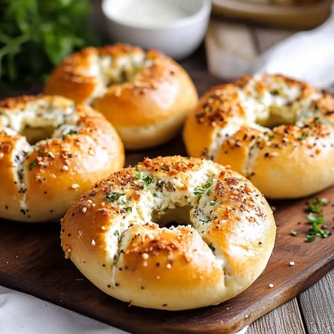 A plate of bagels with cream cheese on a wooden table.