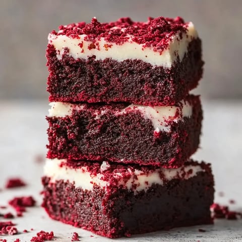 A stack of three red velvet cake slices.