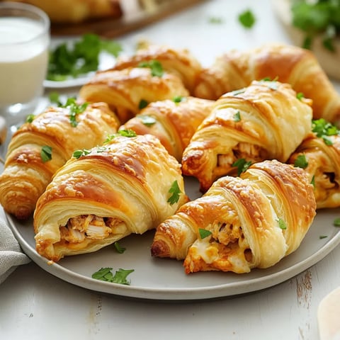 A plate of croissants with cheese and chicken.