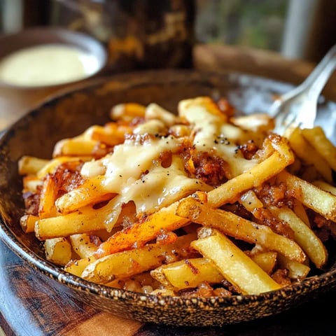 A bowl of french fries with cheese and meat.