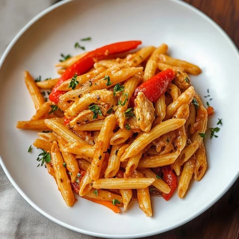 A plate of pasta with peppers and chicken.