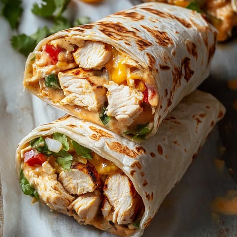 A chicken burrito with cheese and tomatoes.