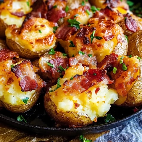Bacon wrapped potatoes in a skillet.