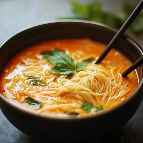 A bowl of soup with noodles and green leaves.