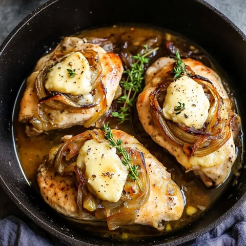 Chicken with onions and cheese in a pan.