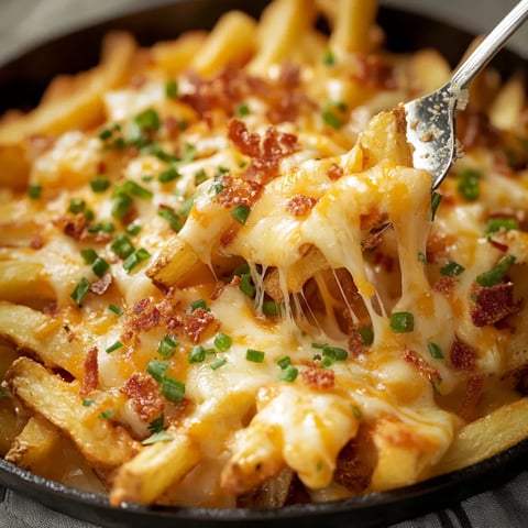 A close up of a plate of cheese covered fries.