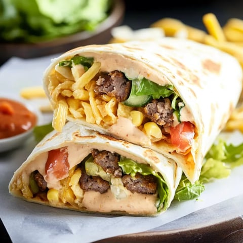 A burrito with meat and vegetables.