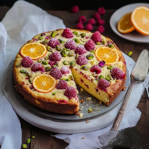 A slice of cake with raspberries and orange slices on top.