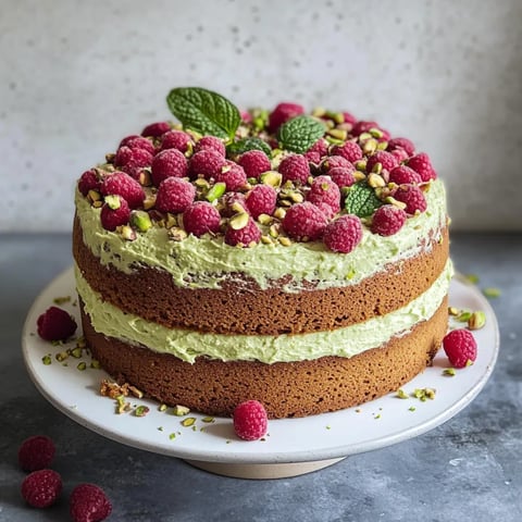 A cake with raspberries and mint on top.