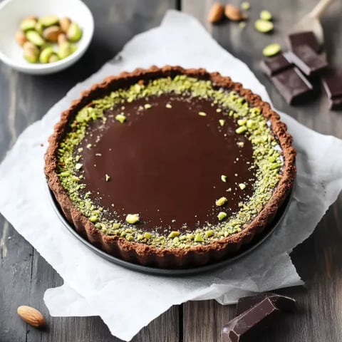 A chocolate dessert with almonds on top.