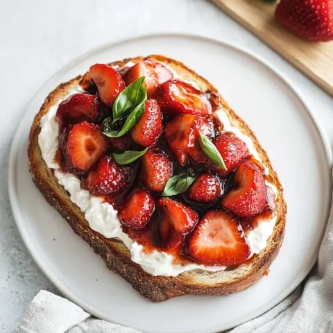 A slice of bread with strawberries and basil on it.