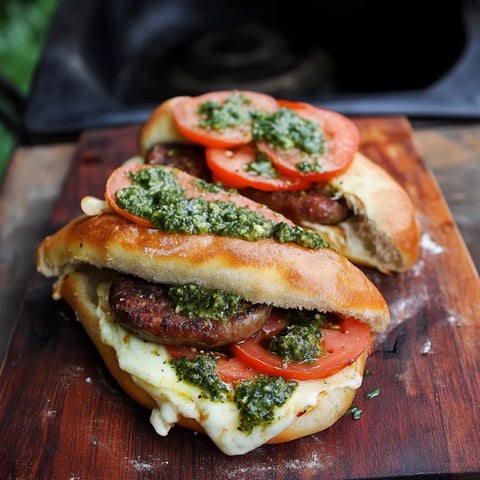 A sandwich with tomatoes and basil on a wooden table.