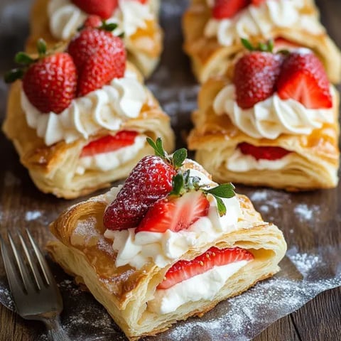 Four pieces of pastry with strawberries and whipped cream.