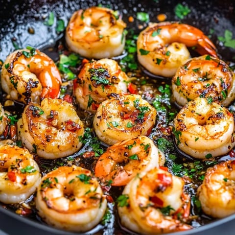 A pan of shrimp with a green herb on top.