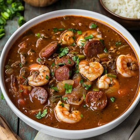 A bowl of soup with shrimp and sausage.
