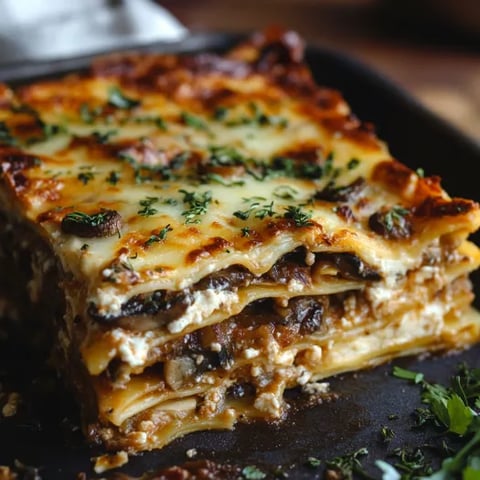 A pan of lasagna with mushrooms and cheese.