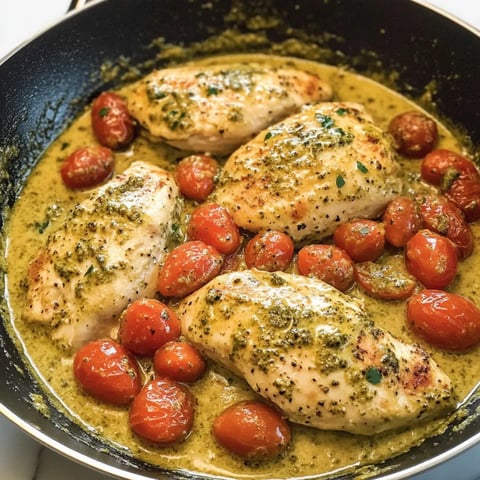 A pan of chicken with tomatoes and herbs.