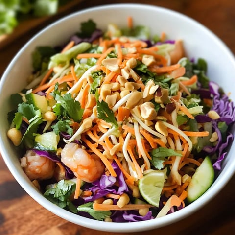 A bowl of shrimp salad with carrots and cucumbers.