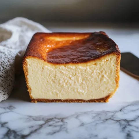 A slice of cheesecake on a marble counter.