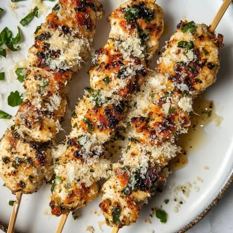 A plate of chicken skewers with cheese and herbs.
