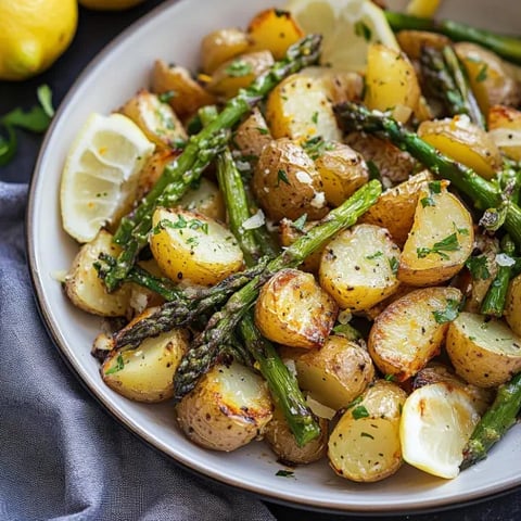 A plate of food with potatoes, asparagus, and lemon.